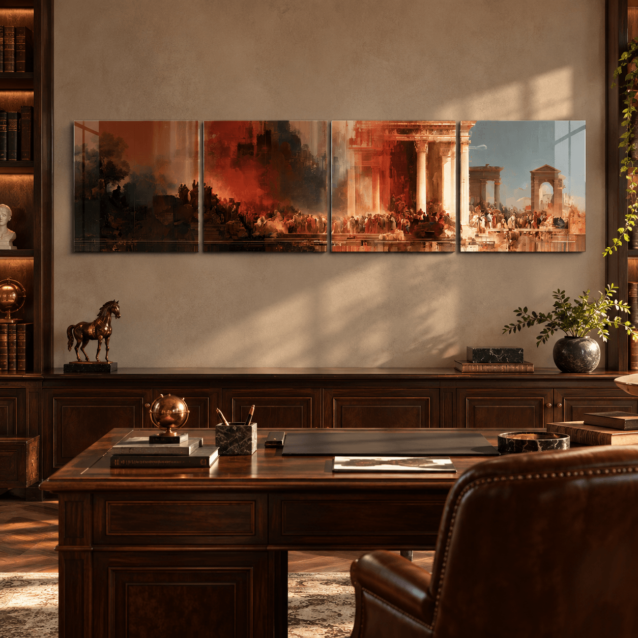 Roman forum glass wall art panels above built-in bookshelves in a dark wood home office